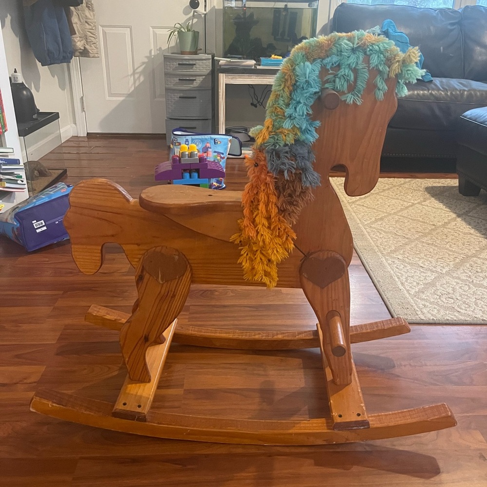 Wooden Rocking Horse with Colorful Yarn Mane